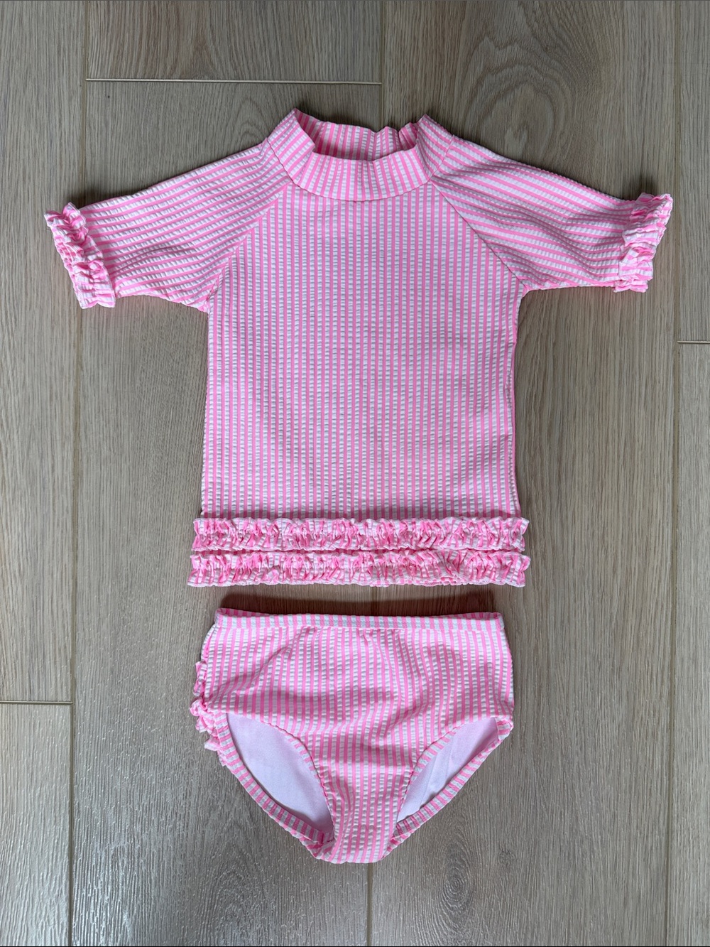 RuffleButts Neon Pink & White Striped Seersucker Rash Guard Swim Set 18-24M